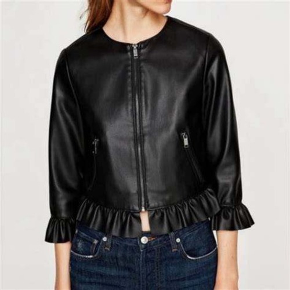 Zara Black Faux Leather Jacket XS Ruffle Sleeves & Hem Pockets 3/4 Sleeves